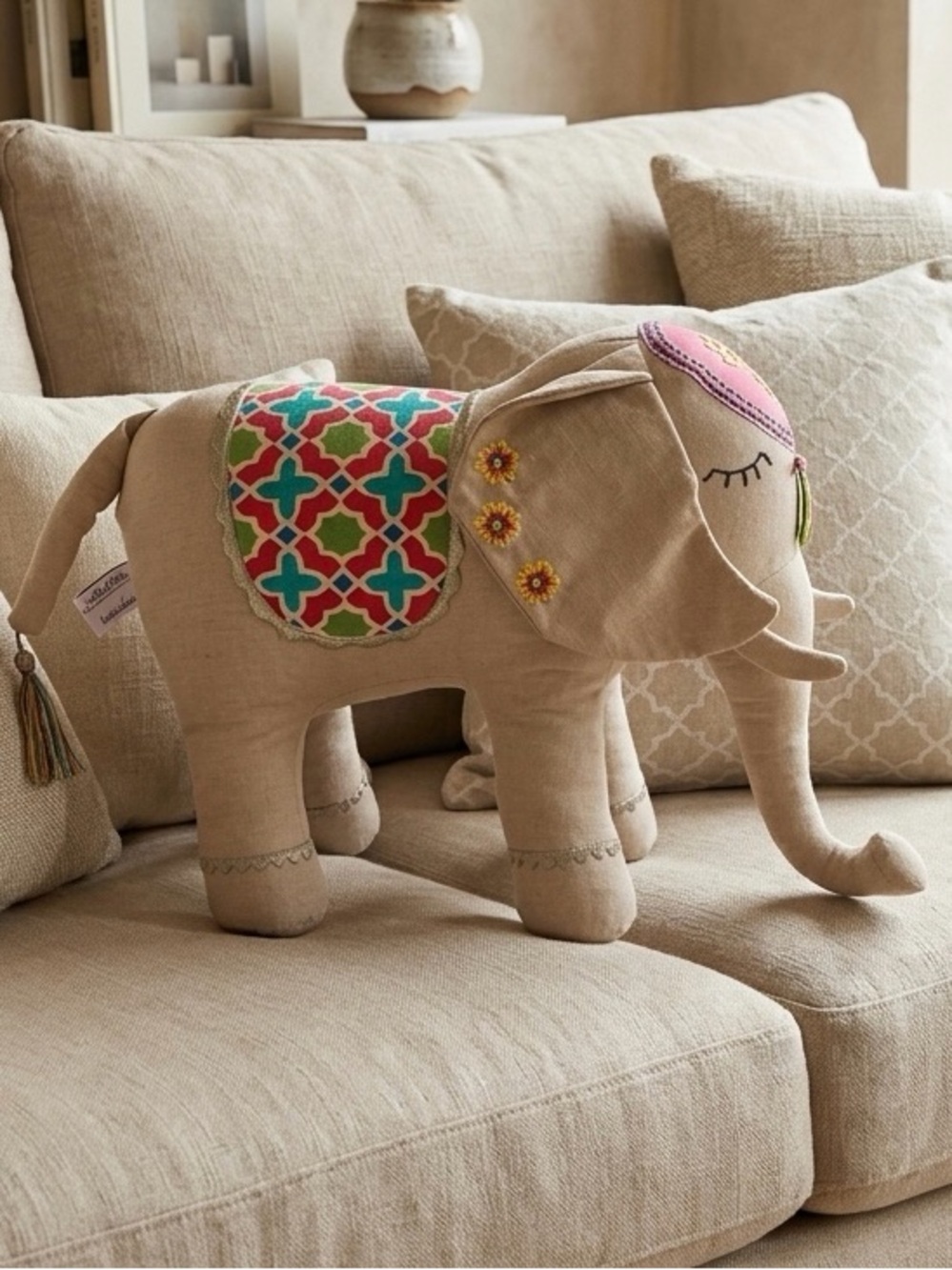 Embroidered Fabric Elephant Plush with Colorful Saddle